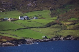 A coastal landscape on the Beara Peninsula featuring green fields, stone walls, scattered farmhouses, and rocky shoreline beside deep blue water.